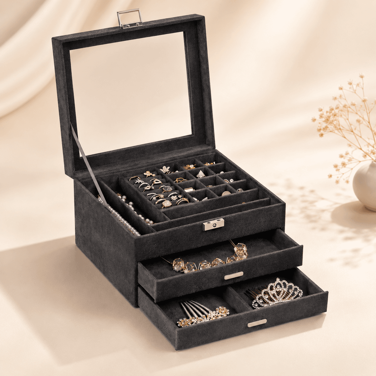 Three Layers Fine Jewelry Organizer with Clear Glass Lid