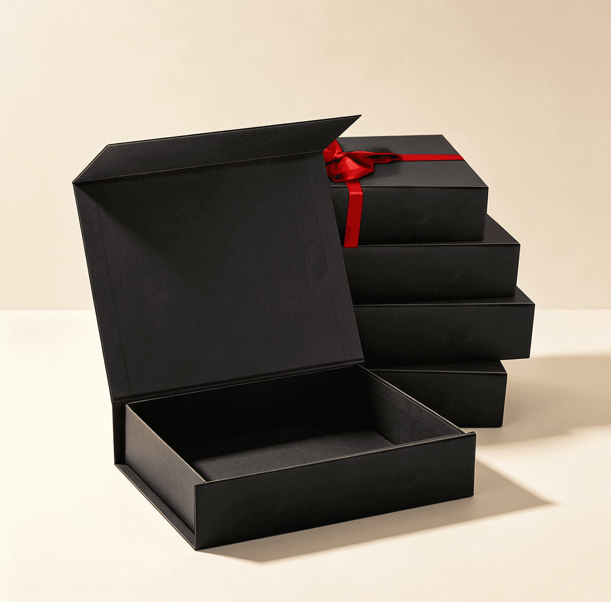 Custom Matte Black Collapsible Magnetic Rigid Gift Box with Red Ribbon