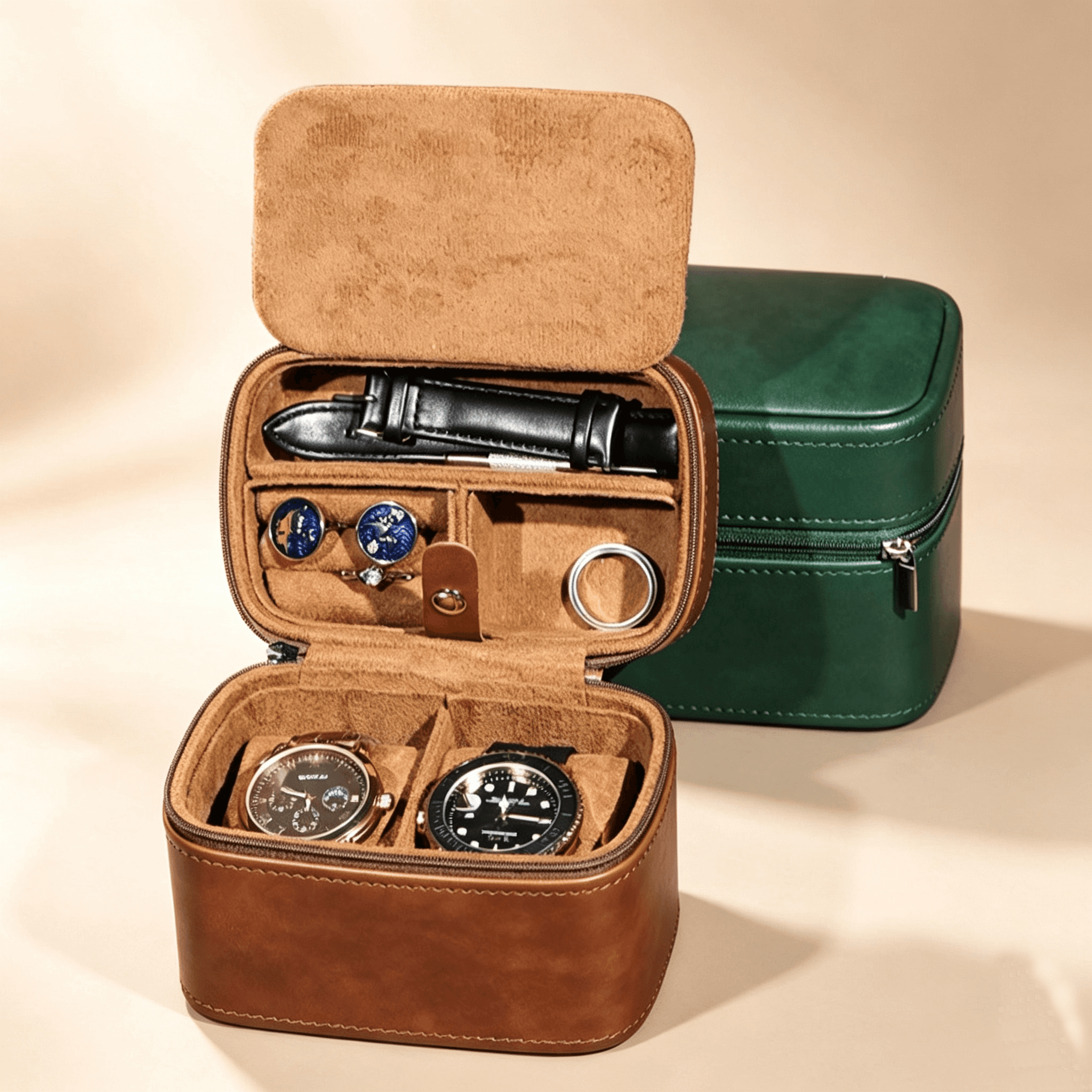 Double Layer Portable Leather Watch Organizer Travel Case